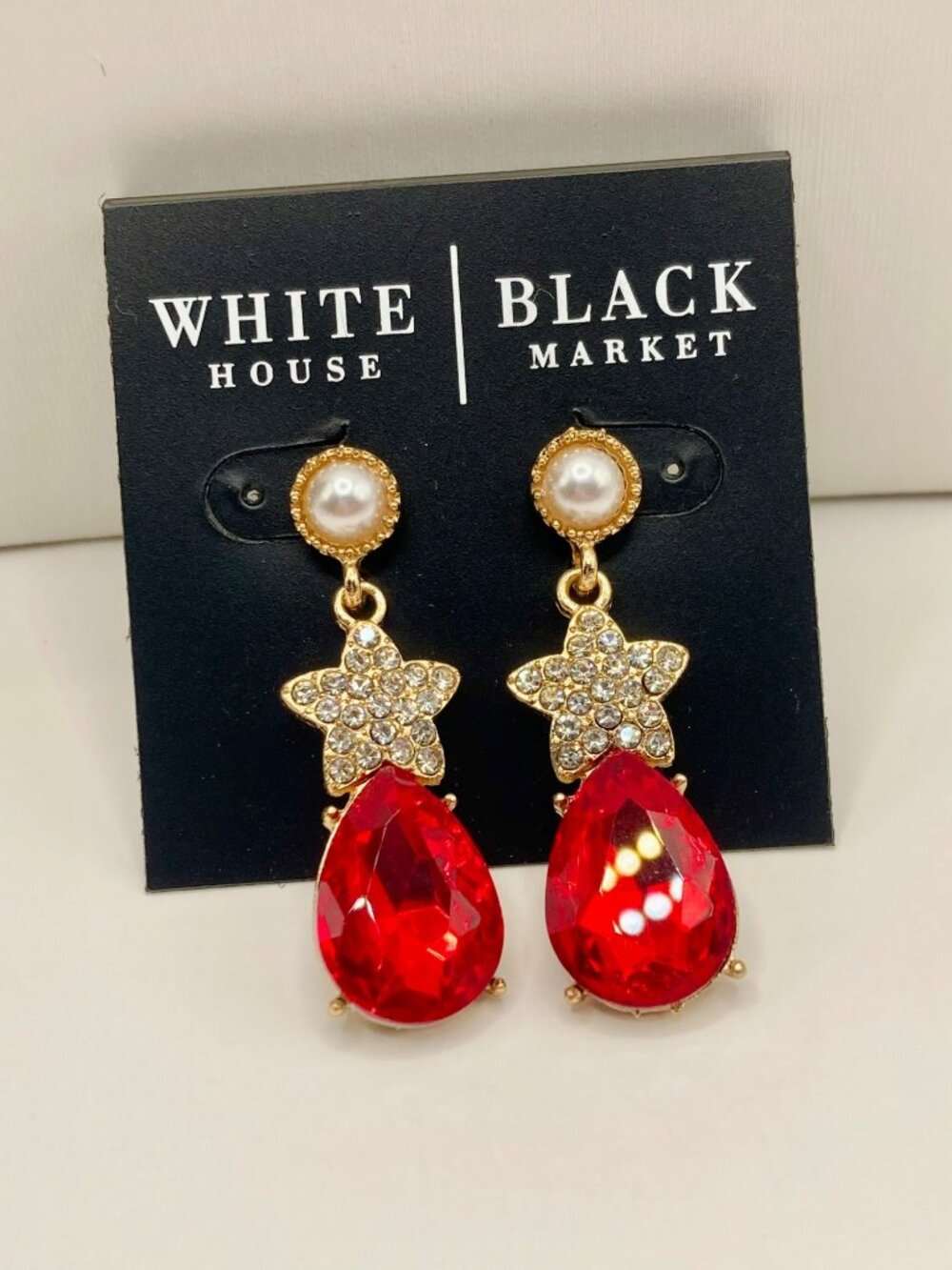 White House Black Market Pearl Star Crystal Red Drop Earrings -17B